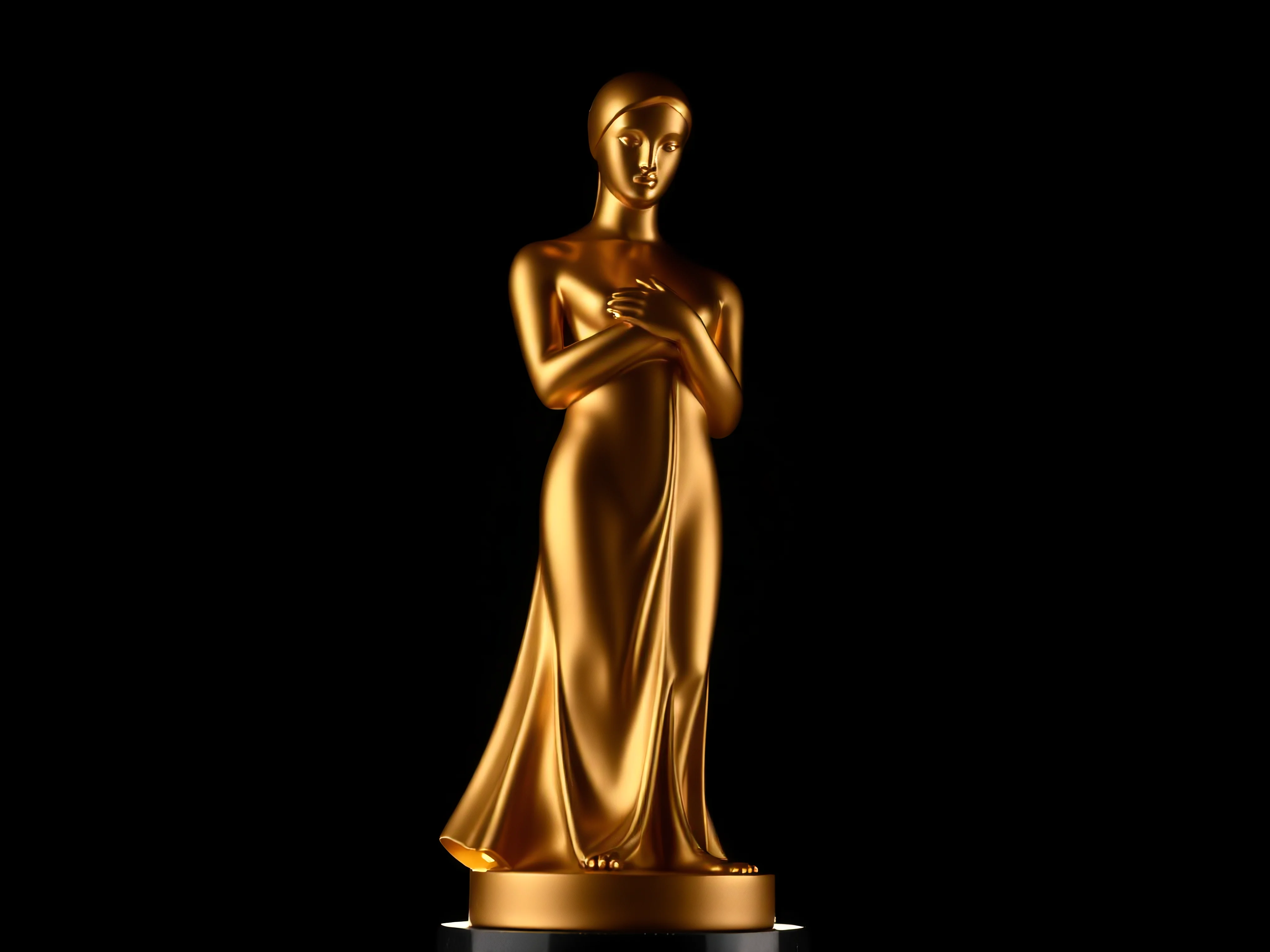 Elegant golden statuette with dramatic lighting and deep shadows on a black background.