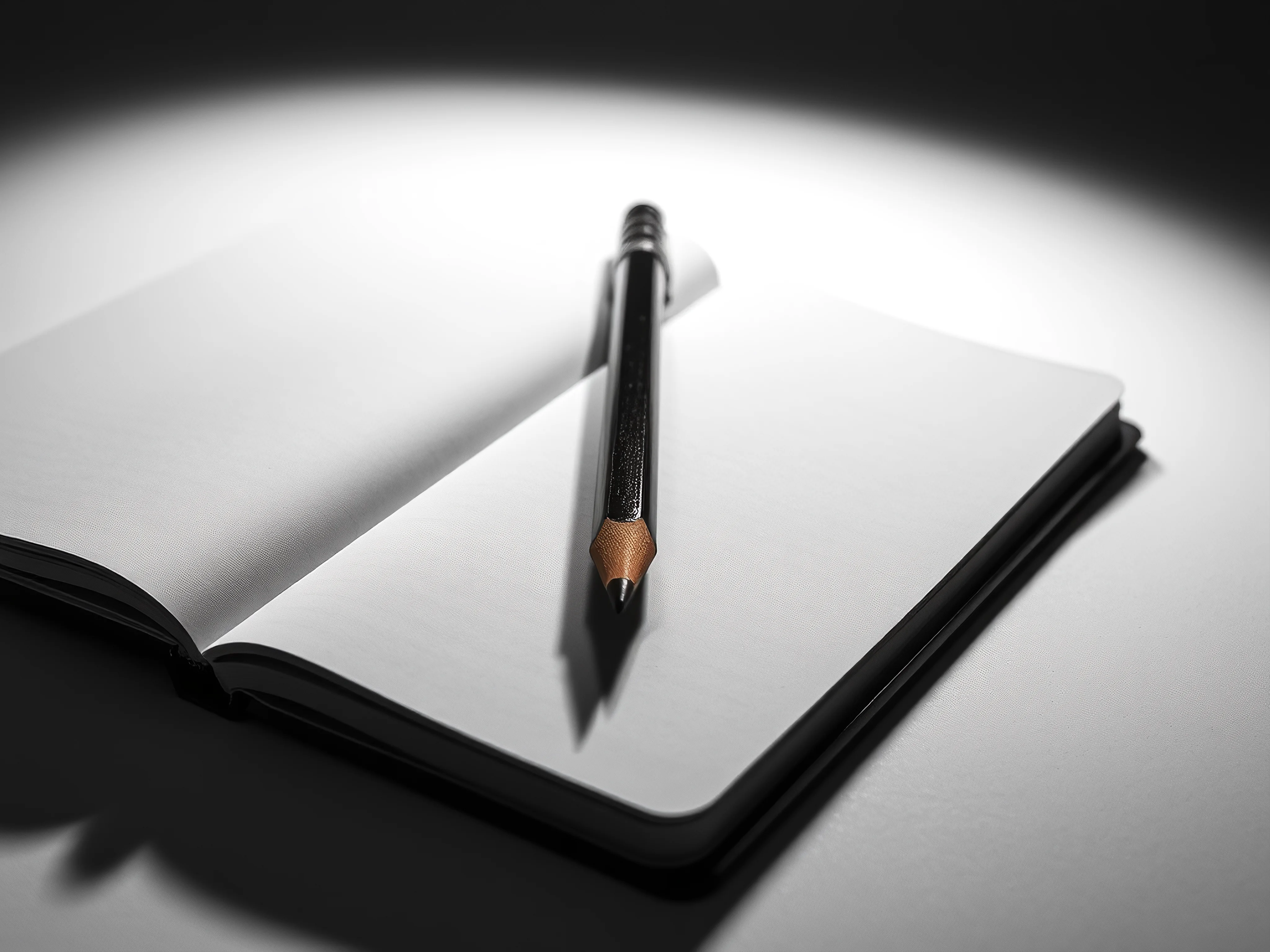 High-contrast monochrome mechanical pencil on an open notebook.