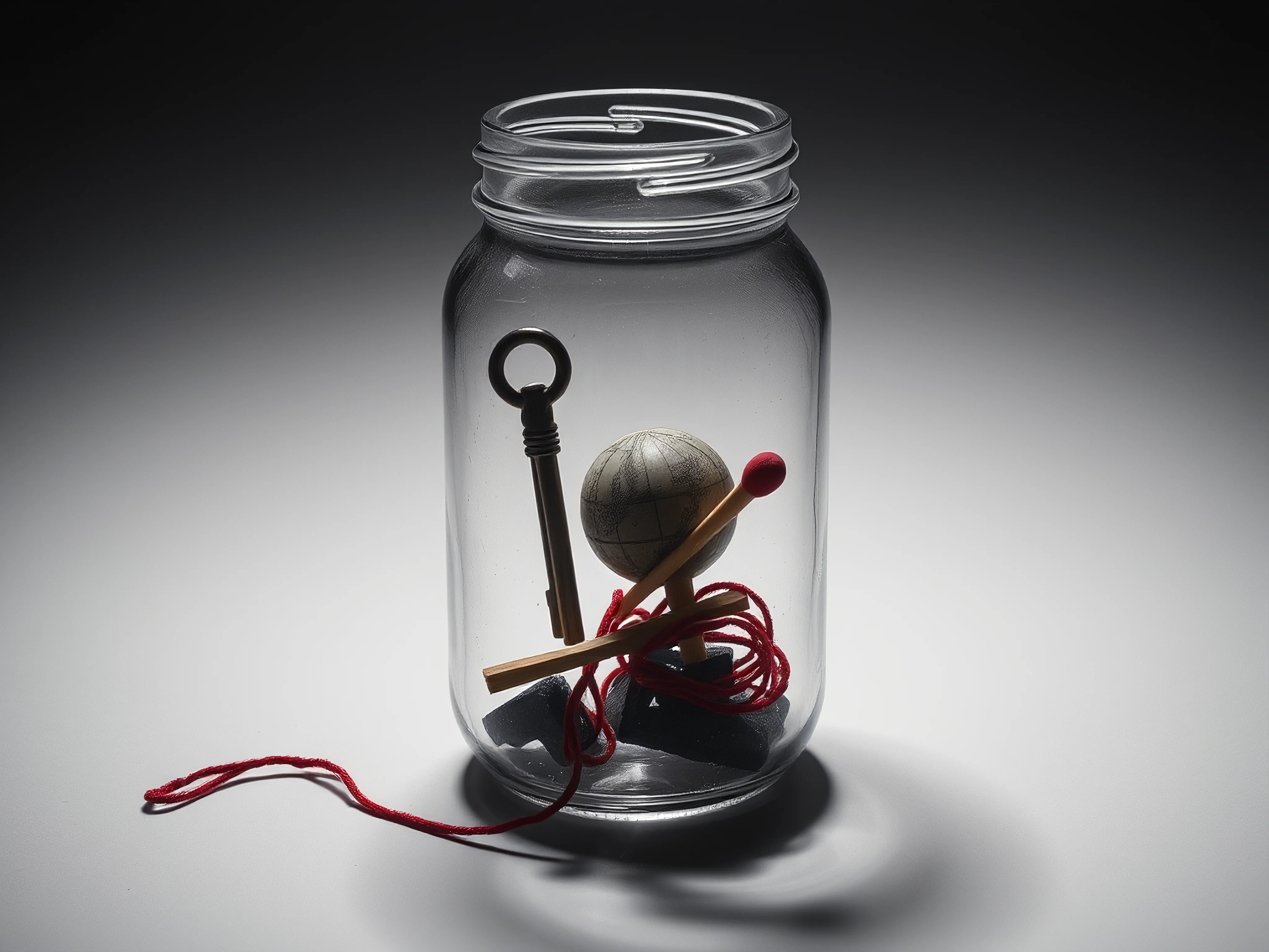 Clear glass jar with miniature key, tiny globe, unlit match, and red thread.