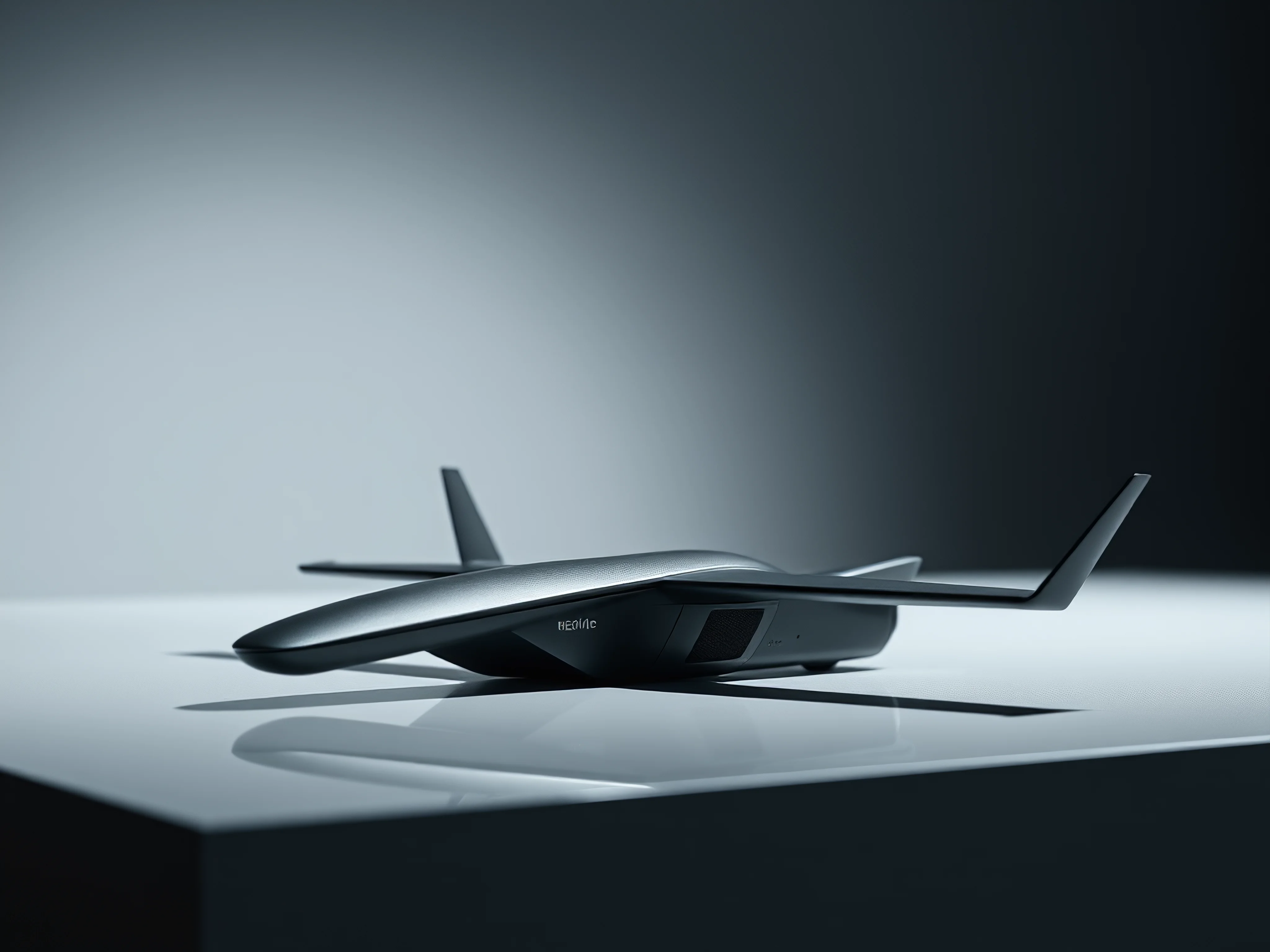 Sleek deep grey presentation remote with metallic sheen on a polished surface.