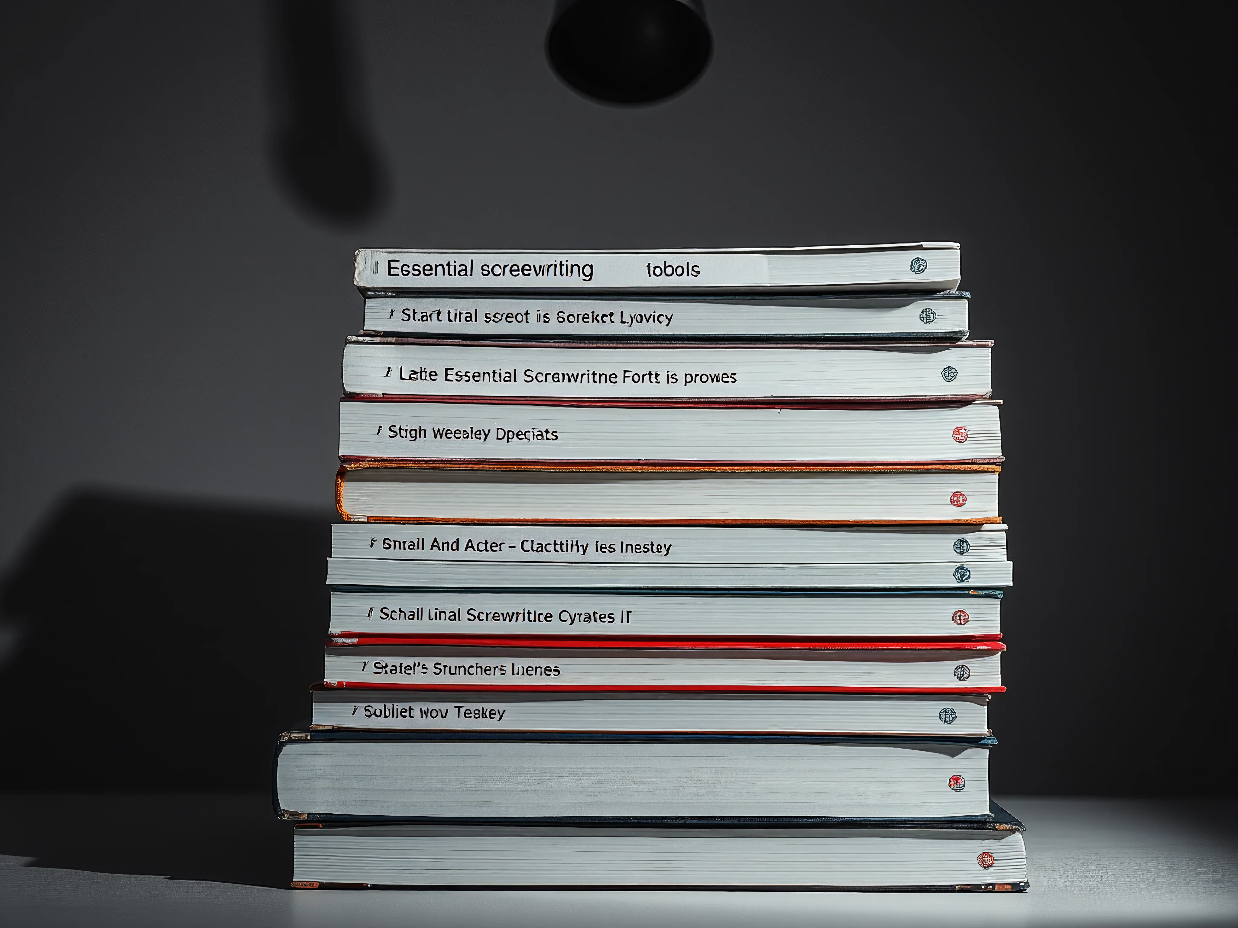 Neatly stacked screenwriting textbooks in a high-contrast monochrome close-up.